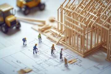 Poster - Miniature workers building a wooden house frame on blueprints.