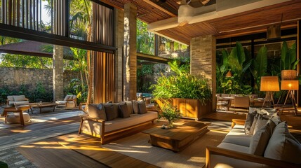 Luxurious interior of a Bali hotel lobby with modern furnishings, lush greenery, and soft lighting, creating a cool and joyful ambiance on a bright April day