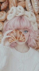 Wall Mural - A woman with pink hair holding a pastry in front of her face