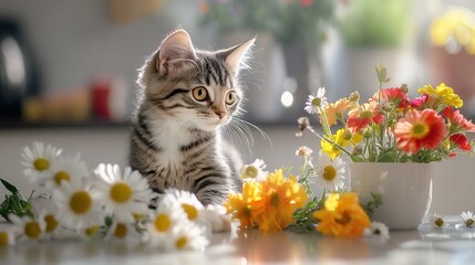 Poster - A kitten sitting next to a bunch of flowers