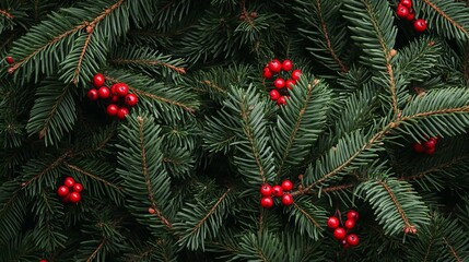 Wall Mural - festive christmas tree branches with ornaments and lights creating a holiday background