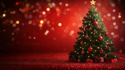 Wall Mural - festive christmas tree decorated with ornaments and glowing bokeh lights on a vibrant red background