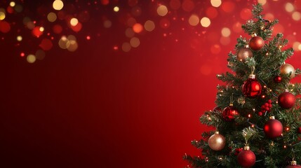 festive christmas tree decorated with ornaments and glowing bokeh lights on a vibrant red background