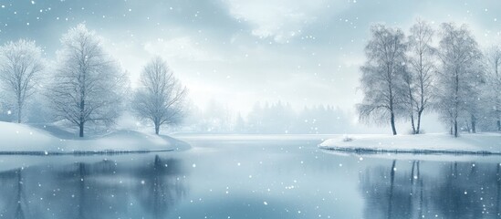 Sticker - A serene winter landscape with snow-covered trees and a frozen lake.