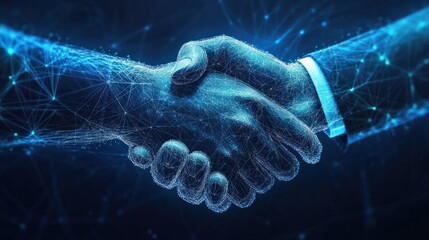 Poster - Digital handshake on blue technology background. Business partnership concept.