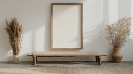 Canvas Print - A wooden bench sitting in front of a white wall