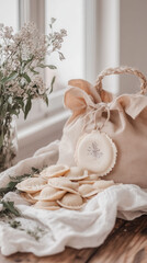 Canvas Print - A bag of cookies sitting on a table next to a vase of flowers