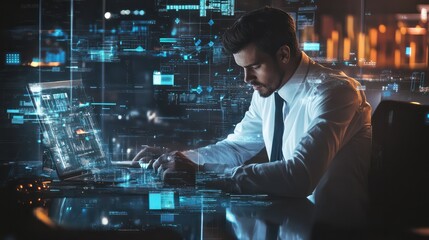 Poster - Digital Workspace Concept: A businessman working on a digital system, representing technology, data, and online business management