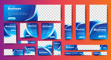 Fototapete - Professional business web ad banner template with photo place. Modern layout black background and red shape and text design