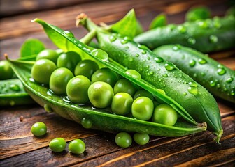 Wall Mural - Lush green peas nestled in their pod, glistening with droplets, rest on a rustic wooden table, symbolizing a