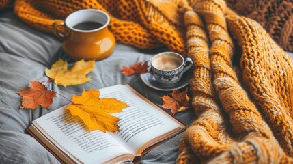 Sticker - An open book and a cup of coffee on a bed