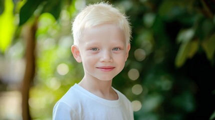 Canvas Print - Young Thai Albino Boy Smiling Outdoors in a Sunny Garden, Perfect for Diversity and Inclusion Campaigns