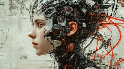 Poster - generative ai illustration of young female detailed cyborg with mechanisms and wires in head against