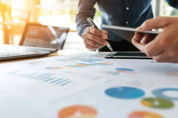 Poster - Close-up of hands analyzing graphs and charts on a desk with a tablet.