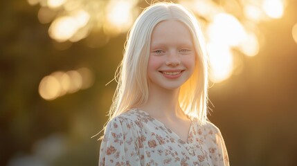 Middle Eastern Albino Teenage Girl with Blonde Hair Smiling at Sunset Perfect for Stock Photography