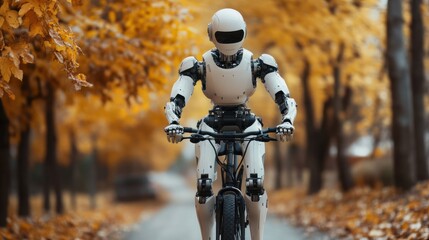 Poster - Happy humanoid robot rides a bicycle along the autumn alley. Robotic object experiences feelings and emotions. Concept of technology development in the form of artificial intelligence.