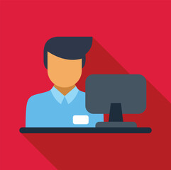 Poster - male receptionist wearing a uniform standing behind the reception desk with a computer on it