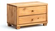 © miss[SIRI] - Wooden bedside table with two drawers, natural finish, isolated on white background.