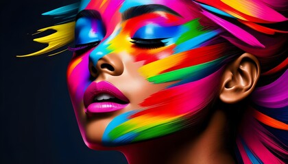 Wall Mural - Vibrant portrait of colorful face paint celebrating artistic expression and beauty against a striking black backdrop