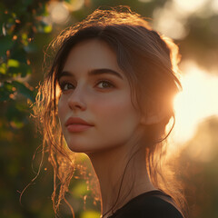 A woman with brown hair and a pretty face is standing in front of a tree. The sun is shining on her face, making her look beautiful and radiant