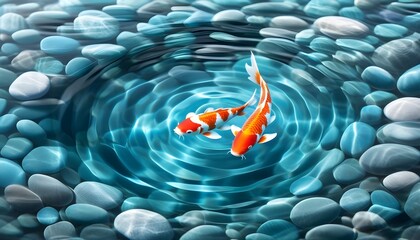 Serene top view of koi fish gracefully swimming in clear water, ideal for zen and oriental garden aesthetics