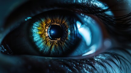 Human eye, extreme closeup with a blue electronic light beam glowing through the iris,