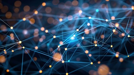 Fototapete - Network of blue lines connecting glowing orange dots on a dark background.