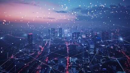 Poster - aerial view of a modern city at night, with a network of lights connecting buildings and creating a 