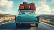 © Johannes - Travelling by retro car. Back view of a car with luggage on the roof. Car on the road with a lot of suitcases on roof. Family travel on vacation.
