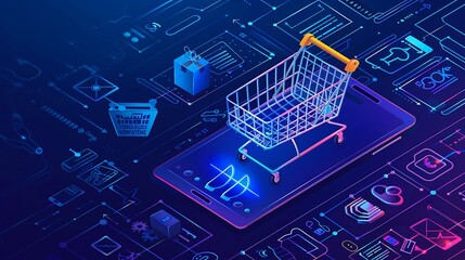 Poster - 3D illustration of shopping cart on smartphone screen with symbolizing online shopping for digital commerce and modern e-commerce technology concept.
