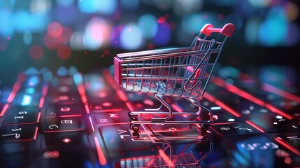 Shopping cart sits on a laptop keyboard, symbolizing online shopping and the digital age of retail.