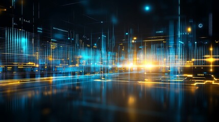 Poster - Abstract digital cityscape with glowing lines and data.