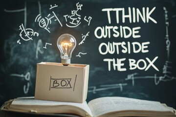 Poster - A lit lightbulb inside a box labelled 'box' sitting on an open book with the phrase 'think outside the box' written on the blackboard behind it.