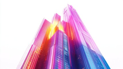 Poster - Isolated depiction of a futuristic skyscraper, with a white background highlighting its vibrant neon colors and sleek design.