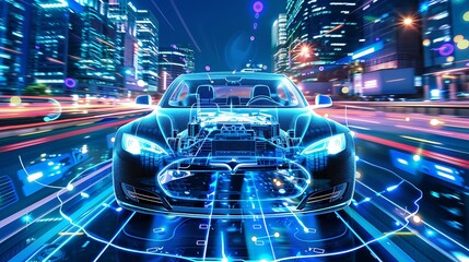 Poster - futuristic electric car driving through a city at night with its engine highlighted in digital lines