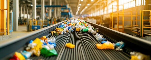 Poster - Plastic Recyclables on Conveyor Belt in Facility
