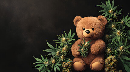 Plush cute bear doll in an embrace with a marijuana bush on a black background. For street style t shirt design graphic. Vector illustration creative concept