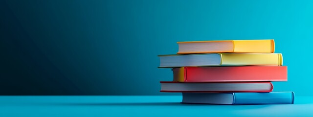 Aufkleber - A stack of five colorful hardcover books on a teal background.