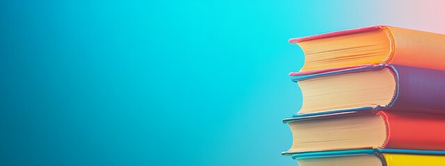 Poster - A stack of four colorful books against a blue background.