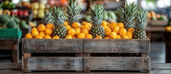 A wooden crate filled with ripe pineapples and yellow fruits.