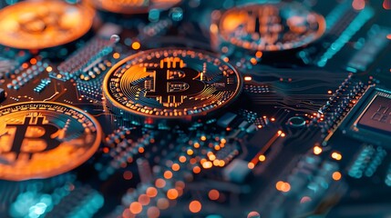 Poster - Close-up shot of Bitcoin cryptocurrency coins on a circuit board, representing the digital nature of cryptocurrencies.