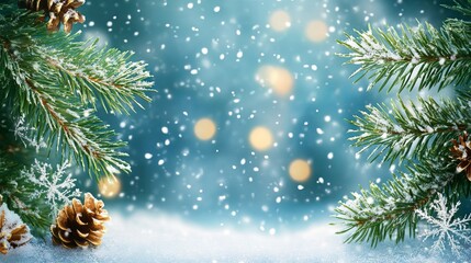 Wall Mural - festive christmas background with snowflakes and fir branches, perfect for holiday season designs an