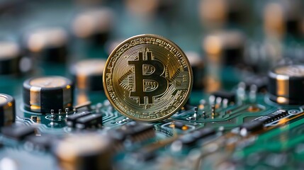Poster - Close-up shot of a bitcoin coin on a circuit board, showcasing its digital and technological nature.