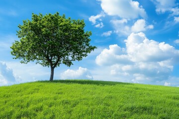 Wall Mural - a single tree stands tall on a grassy hill with a bright blue sky and fluffy white clouds in the bac