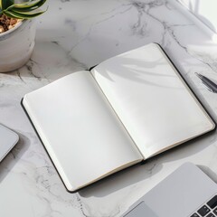 Poster - Minimalistic success concept: one open notebook on a clean desk.