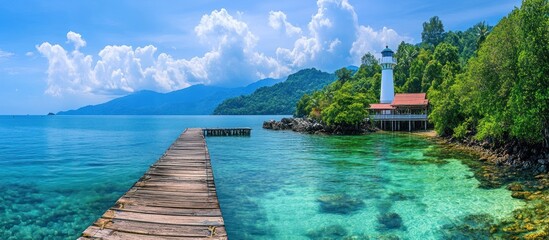 Canvas Print - A wooden pier leads to a small island with a white lighthouse, surrounded by turquoise water. The sky is blue and there are white clouds.