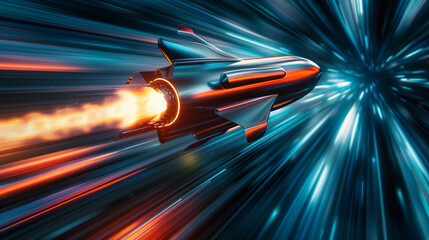 Futuristic spaceship traveling through space at high speed with bright glowing engines and light trails