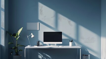 Poster - Modern home office with a white desk, a computer, and a plant, illuminated by sunlight streaming through a window.