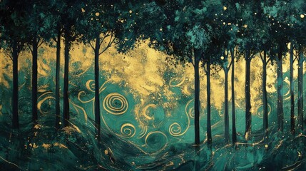 Wall Mural - Serene green abstract artwork depicting a forest theme with golden swirls