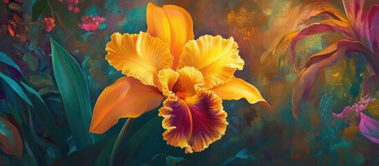 Poster - Painting of a yellow Mokara orchid in a vibrant floral setting